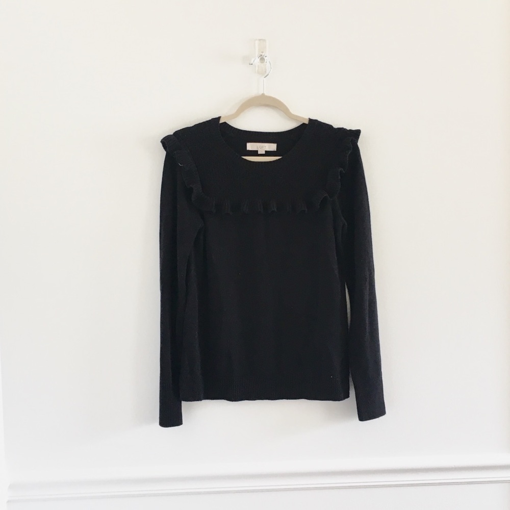 Loft Ruffle Yoke Black Cotton Sweater